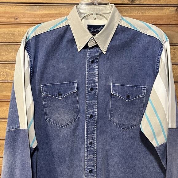 Vtg Wranglers Men’s Brushpopper Button Denim Striped Shirt 40’s-60’s 16.5x36 - Picture 3 of 16